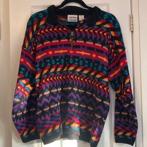 Vintage Colourful Quarter Zip Knit Sweater - M